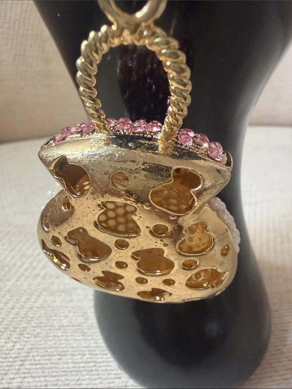 Gold Keychain Purse Charm with Pink Rhinestones and Pearls